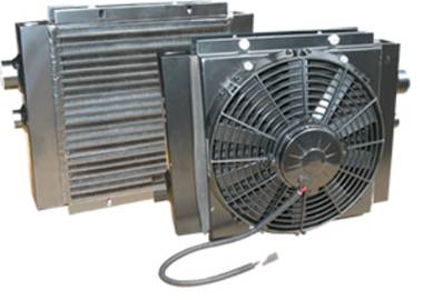 MAXIM Truck and Trailer Mounted Mobile Oil Cooler w Fan & Shroud 12 VDC, 52 GPM, 1" NPT  maxim mobile hydraulic oil Cooler fan shroud walking trailer muncie, ledwell hydraulic cooler heavy duty, ledwell feed transport hydraulic cooler wet kit